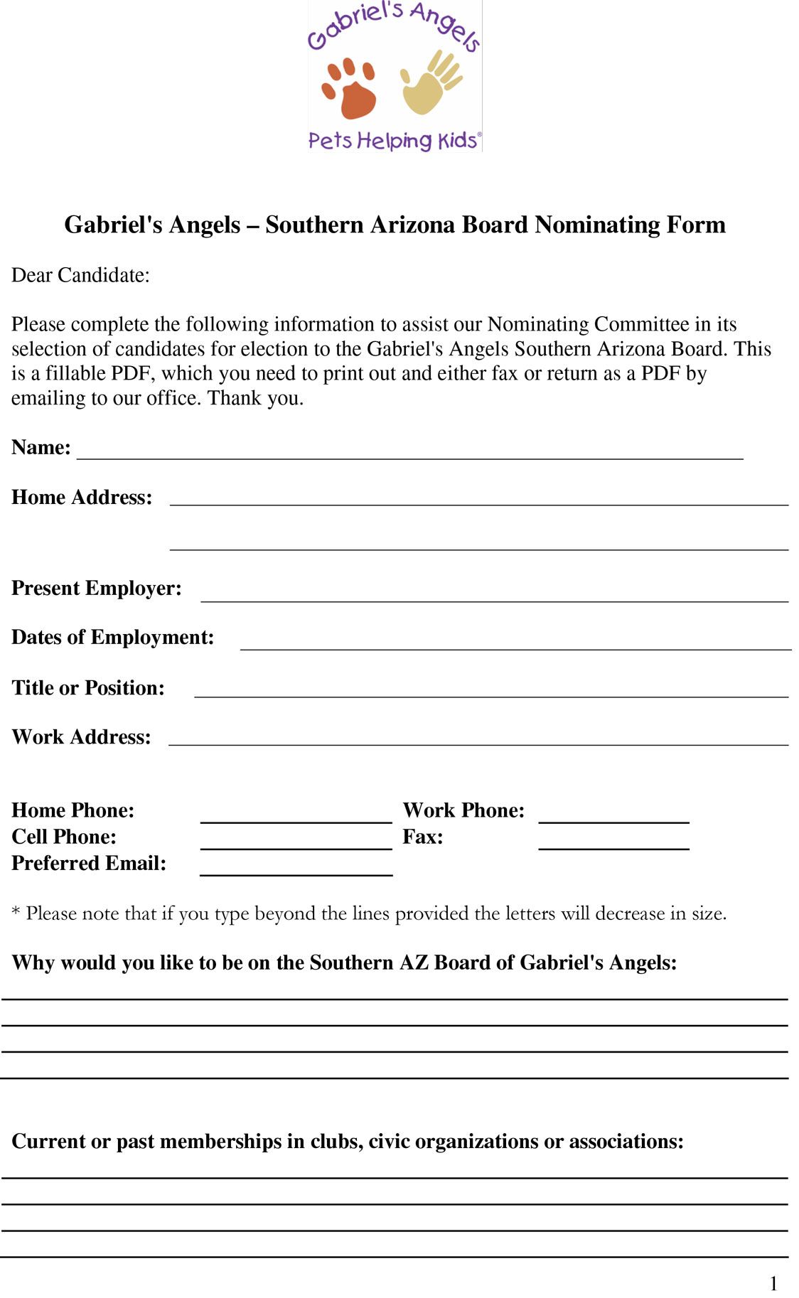 Gabriel's Angels Southern Arizona Board Application Form
