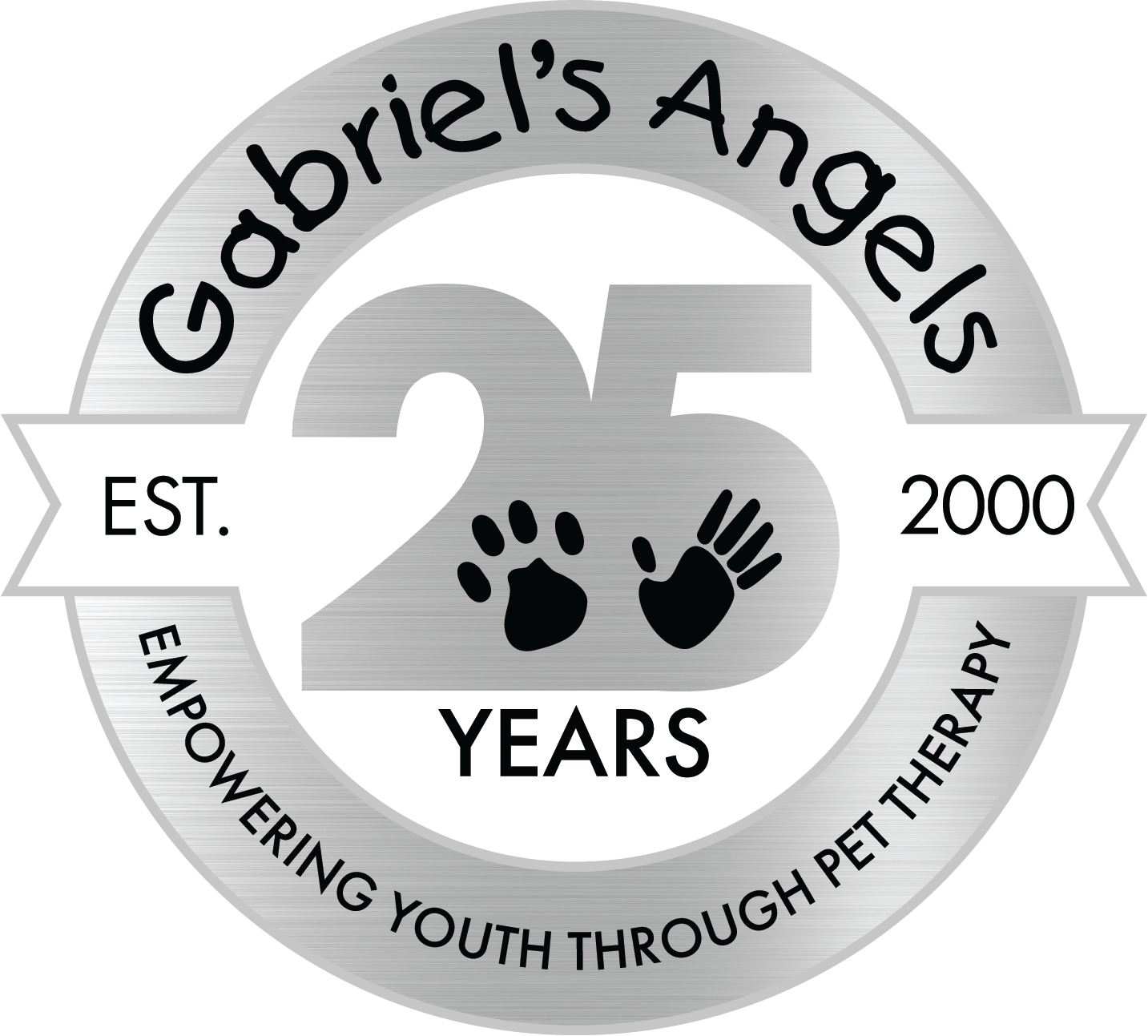 Gabriel's Angels 25th Anniversary logo. Text reads Gabriel's Angels, established 2000, 25 years, empowering youth through pet therapy.